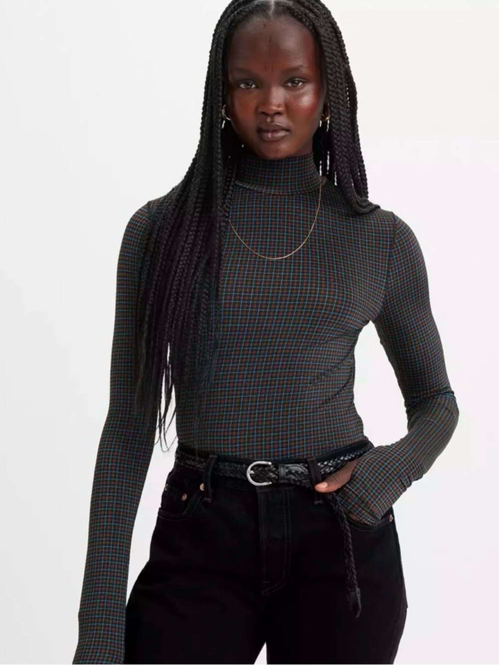 Levi’s Women’s Mock Neck Long Sleeve Top XS Brown Teal Grid Print NWT